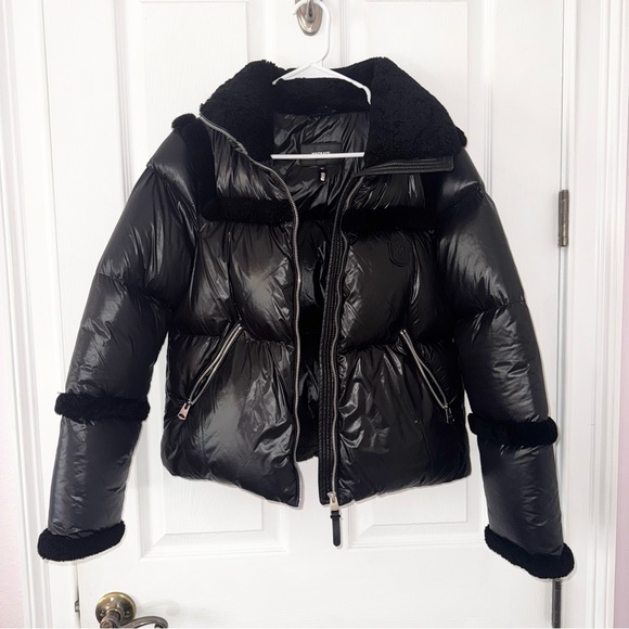Mackage Montreal Miya black puffer jacket Shearling trim collar Small - Picture 13 of 16